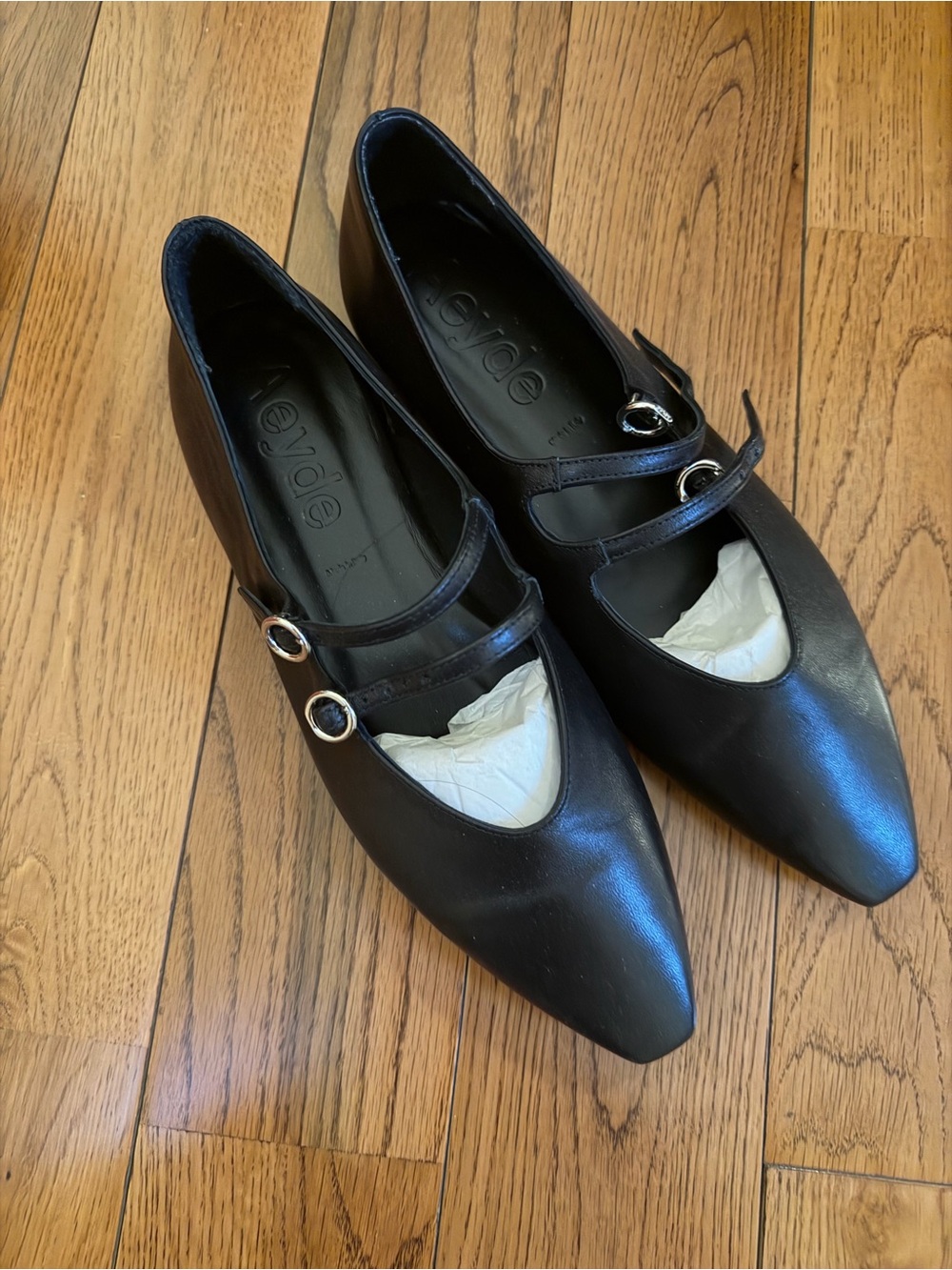 Aeyde Black Pointed Mary Jane Heels with Double Straps